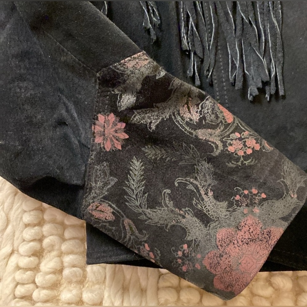 Vintage Cosa Nova Black Suede Leather Fringe Bomber Coat with Floral Print M L - Picture 7 of 12